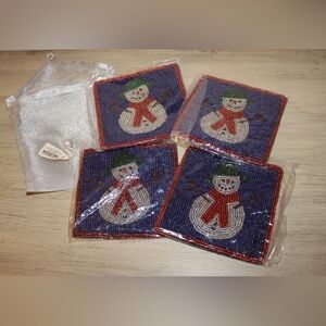 CRATE & BARREL Beaded Snowman Coasters Set of 4 BRAND NEW in packaging HOLIDAY